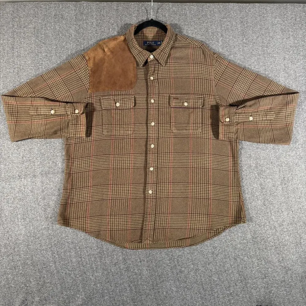 Polo Ralph Lauren Hunting Shirt Mens XXL Brown Plaid Flannel Suede Houndstooth